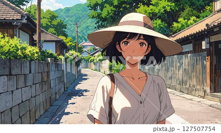 路地の奥を見つめる女性のイラスト 127507754