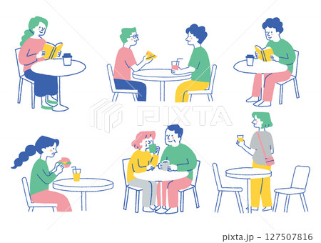 飲食店でくつろぐ男女の食事シーンセット_色 127507816