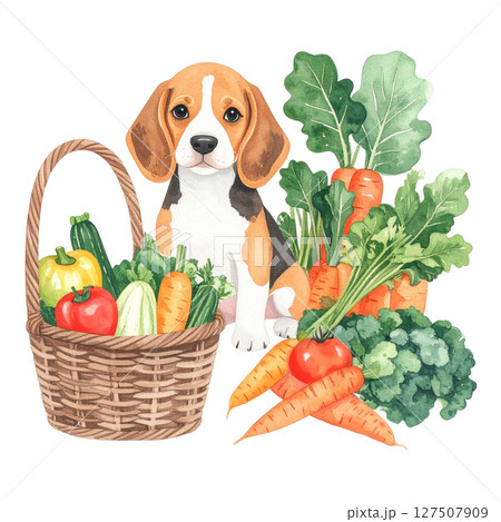 いろいろな夏野菜とビーグルの仔犬の水彩画イラスト3／チラシやポスター用素材 127507909