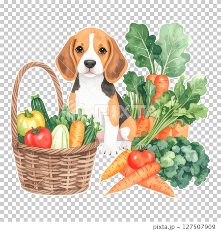 いろいろな夏野菜とビーグルの仔犬の水彩画イラスト3／チラシやポスター用素材 127507909