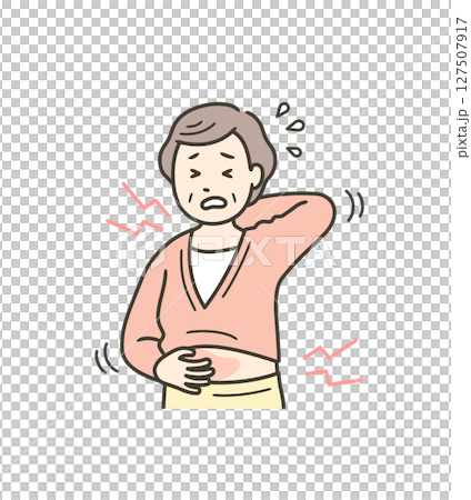 一位老年婦女的上半身因全身發癢而面容憔悴的插圖 一位老年婦女的上半身因全身發癢而面容憔悴的插圖 127507917