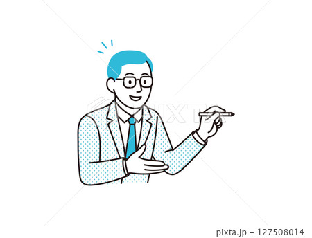 メガネをかけた男性がペンを使って説明をするイメージイラスト 127508014