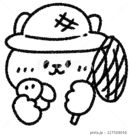 虫取り網とセミを持ったゆるかわいいネコの手描きイラスト（夏・子ども向け）モノクロ 127508038