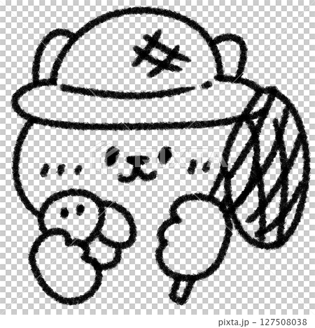 虫取り網とセミを持ったゆるかわいいネコの手描きイラスト（夏・子ども向け）モノクロ 127508038