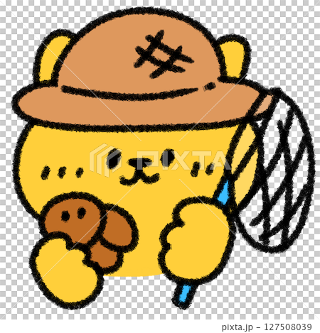 手繪插圖：一隻可愛、放鬆的貓拿著蝴蝶網和一隻蟬（適合夏季和兒童） 127508039