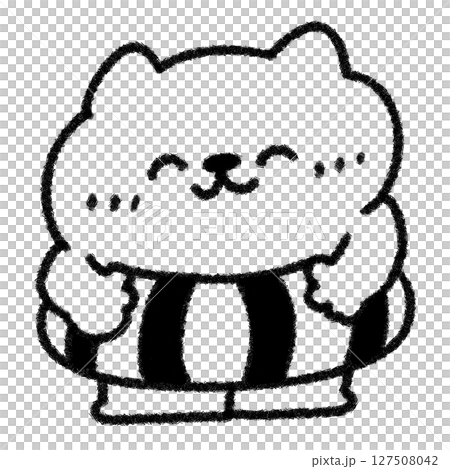 浮き輪を付けたゆるかわいいネコの手描きイラスト(夏・子ども向け)モノクロ 浮き輪を付けたゆるかわいいネコの手描きイラスト(夏・子ども向け)モノクロ 127508042
