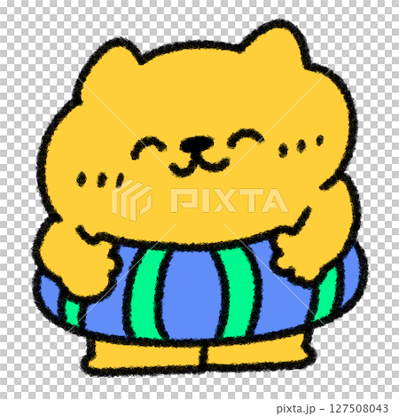 浮き輪を付けたゆるかわいいネコの手描きイラスト（夏・子ども向け） 127508043