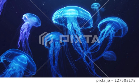 Jellyfish shining blue light under water in ocean night dark background 127508178