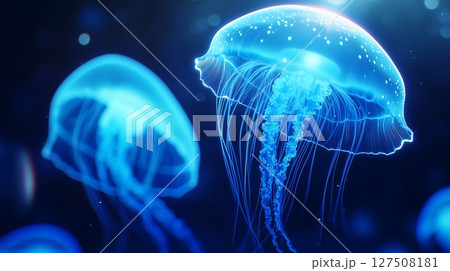 Jellyfish shining blue light under water in ocean night dark background 127508181