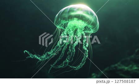 Jellyfish shining green light under water in ocean night dark background 127508187