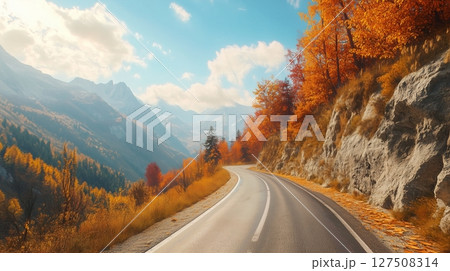 Golden autumn road in mountain range travel vacation holiday trip Golden autumn road in mountain range travel vacation holiday trip 127508314