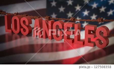 The Los Angeles and barbed wire on America flag 3d Rendering. 127508358