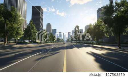 Perspective asphalt road in city with commercial building and plant 127508359