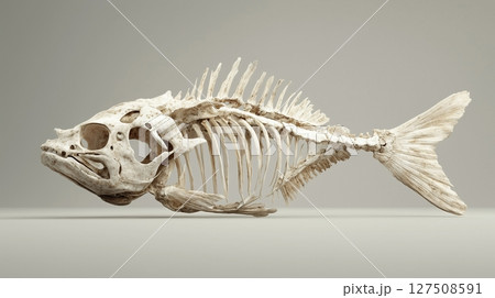 Fish skeleton fossil on white solid background for study archeologist research Fish skeleton fossil on white solid background for study archeologist research 127508591