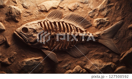 Fish skeleton fossil on soil stratigraphic limestone for archeologist research 127508592