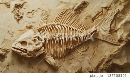 Fish skeleton fossil on soil stratigraphic limestone for archeologist research 127508593