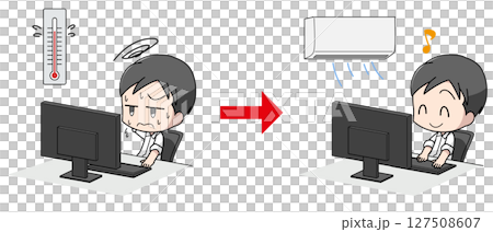 冷房で暑さ対策をした職場で働く男性のビフォーアフターのイラスト 127508607