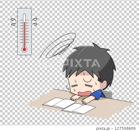 一個男孩因為天氣炎熱而無法集中精力學習的插圖 127508609