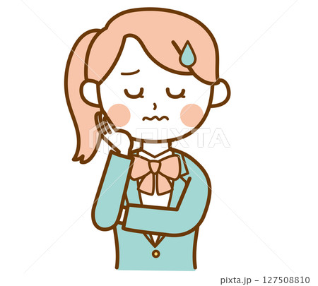 困った顔をして悩んでいるブレザー制服の学生の女の子のイラスト素材 127508810
