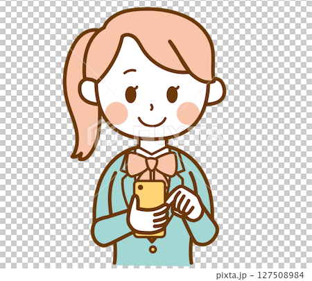 插畫素材:身穿西裝制服的女學生操作、點擊、捲動和查看智慧型手機 插畫素材:身穿西裝制服的女學生操作、點擊、捲動和查看智慧型手機 127508984