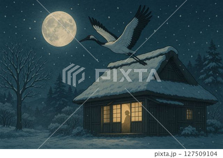 満月の夜、鶴が家に向かって舞い降りる幻想的なシーン 127509104