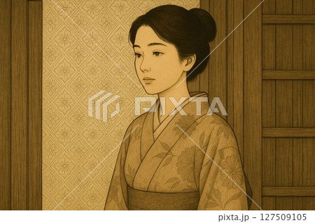 織り上がった布を背景にたたずむ女性 127509105