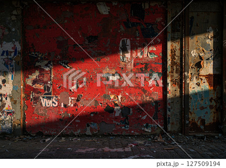 Red Wall with Peeling Paint and Posters 127509194