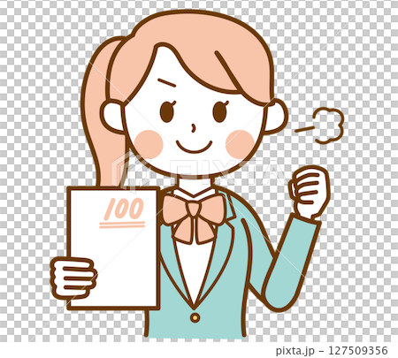 Illustration material of a student girl in a blazer uniform who worked hard to get 100 points on a test Illustration material of a student girl in a blazer uniform who worked hard to get 100 points on a test 127509356