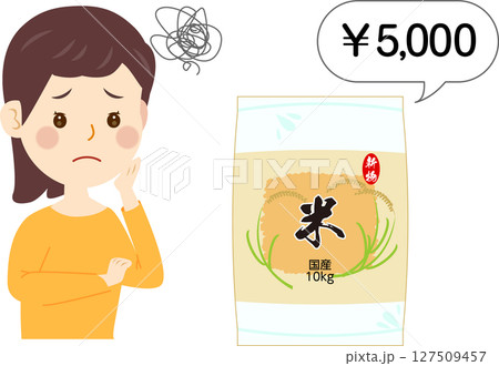 米の値上げに困る女性 127509457