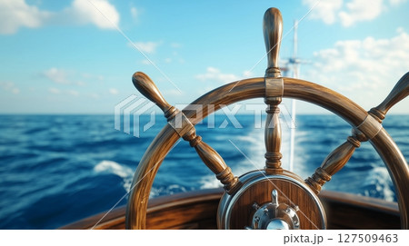 Steering wheel boat sailing in ocean, horizon and blue sky 127509463