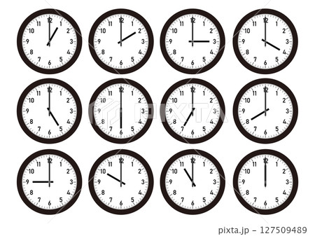 1時から12時までの時間経過を表す時計 1時から12時までの時間経過を表す時計 127509489