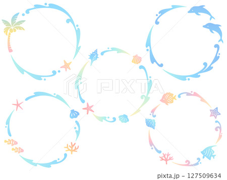 カラフルなグラデーションの海の生き物と波のリングフレームセット 127509634