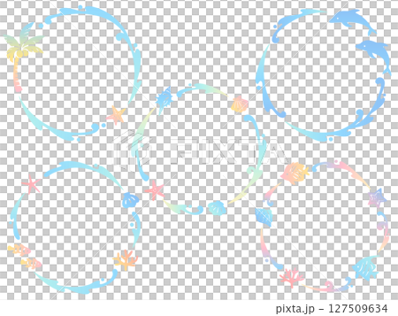 カラフルなグラデーションの海の生き物と波のリングフレームセット 127509634