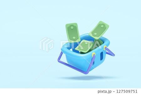 3d Banknotes Falling Into Basket isolated on blue background. cartoon style. economic movements or business finance concept, 3d render illustration 127509751