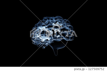 3d human brain transparent icon with gear isolated on black background. thought mechanism in brain concept, 3d illustration render 127509752