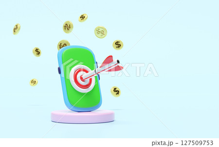 3d smartphone with target, dart, podium icon isolated on blue background. business accuracy target, Investment ,finance, success concept, 3d render illustration, cartoon style 127509753