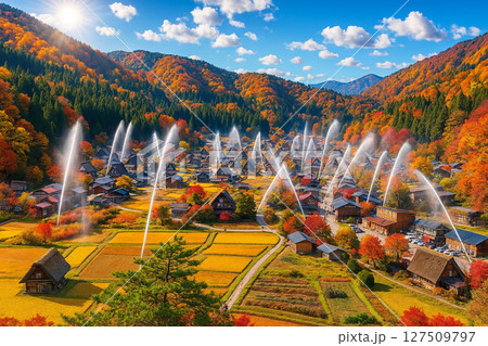白川郷 荻町城跡展望台より秋の放水訓練を望む 白川郷 荻町城跡展望台より秋の放水訓練を望む 127509797