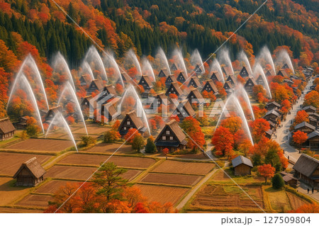 白川郷 荻町城跡展望台より秋の放水訓練を望む 白川郷 荻町城跡展望台より秋の放水訓練を望む 127509804
