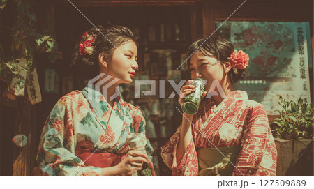 夏にビールを飲んでいる女性 127509889