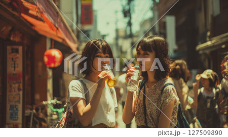 夏にビールを飲んでいる女性 127509890