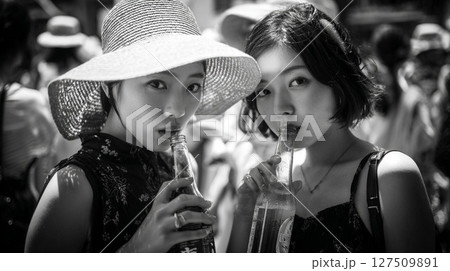夏にビールを飲んでいる女性 127509891