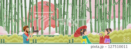 Arashiyama landmark. Japan landscape. Panorama of the building. Autumn scenery happy fall. Posters and postcards japanese for tourism. Translate: Welcome to Arashiyama. Paper cut sticker style. Vector 127510011