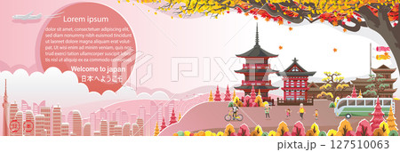 Kiyomizu Temple landmark. Japan landscape. Panorama of the building. Autumn scenery happy fall. Posters and postcards japanese for tourism. Translate: Welcome to Kiyomizu Temple. Paper cut sticker sty Kiyomizu Temple landmark. Japan landscape. Panorama of the building. Autumn scenery happy fall. Posters and postcards japanese for tourism. Translate: Welcome to Kiyomizu Temple. Paper cut sticker sty 127510063