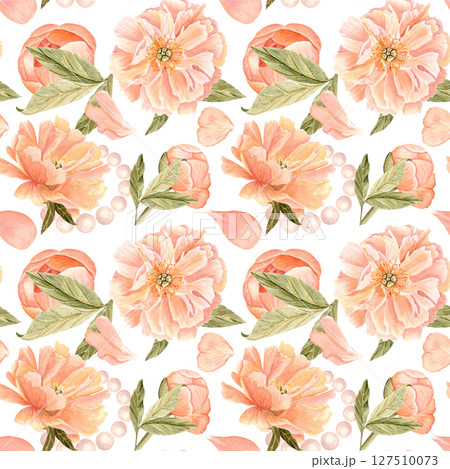 Romantic peonies, petals, leaves and pearls seamless floral watercolor pattern isolated on white background, perfect for wedding invitations, stationery, branding, packaging, and elegant event design 127510073