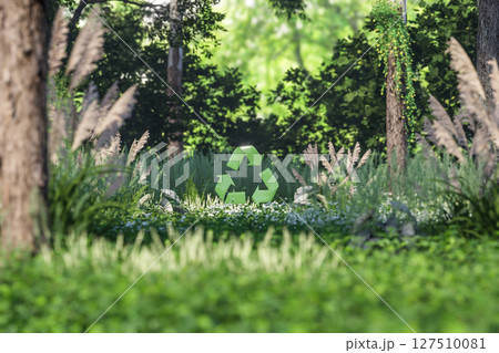 3D render of a green recycle symbol standing in a lush forest 3D render of a green recycle symbol standing in a lush forest 127510081
