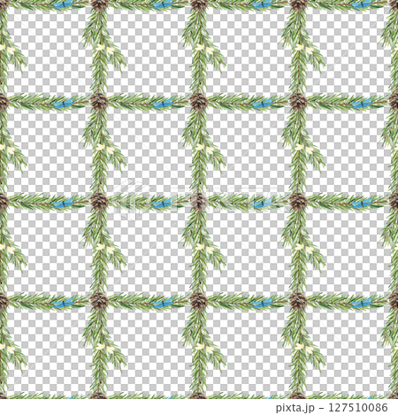 Grid pattern with pine branches and cones seamless square isolated on white. Hand-painted in watercolor, perfect for Christmas packaging, winter decor, fabric prints, stationery, eco-friendly branding 127510086
