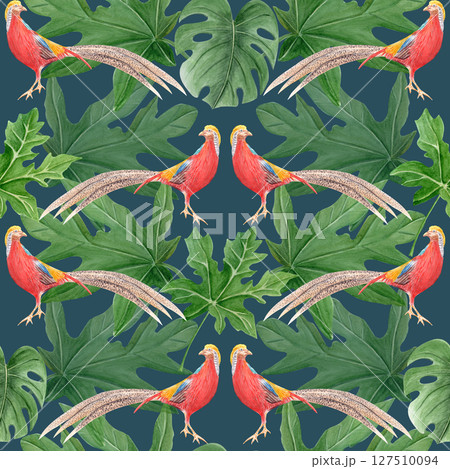 Golden pheasant and tropical leaves watercolor seamless pattern on dark background. Hand drawn clipart perfect for cards, posters, stickers, book design, decor. Exotic tropical vibrant China bird Golden pheasant and tropical leaves watercolor seamless pattern on dark background. Hand drawn clipart perfect for cards, posters, stickers, book design, decor. Exotic tropical vibrant China bird 127510094