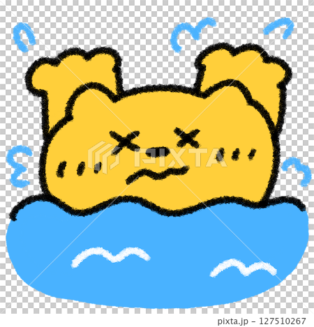 A hand-drawn illustration of a cute cat panicking after falling into water (for summer and children) 127510267