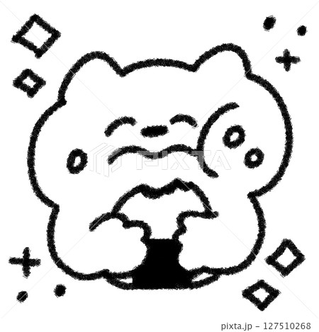 おにぎりをほおばるゆるかわいいネコの手描きイラスト (モノクロ) 127510268