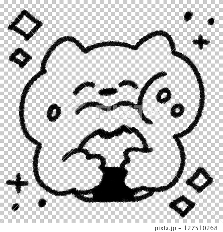 おにぎりをほおばるゆるかわいいネコの手描きイラスト (モノクロ) 127510268